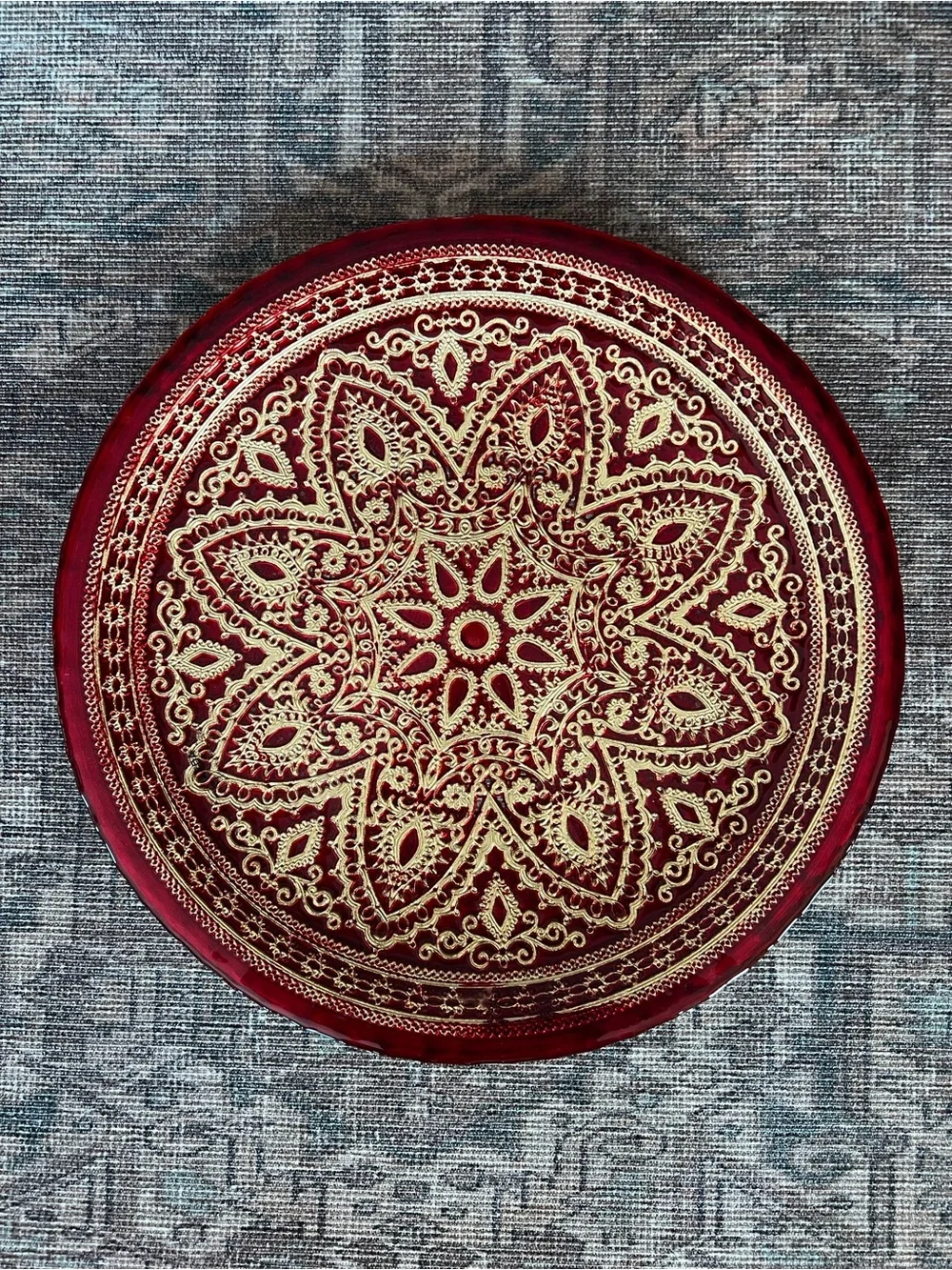 Pier 1 Dish Decorative Glass Round Tray Red and Gold